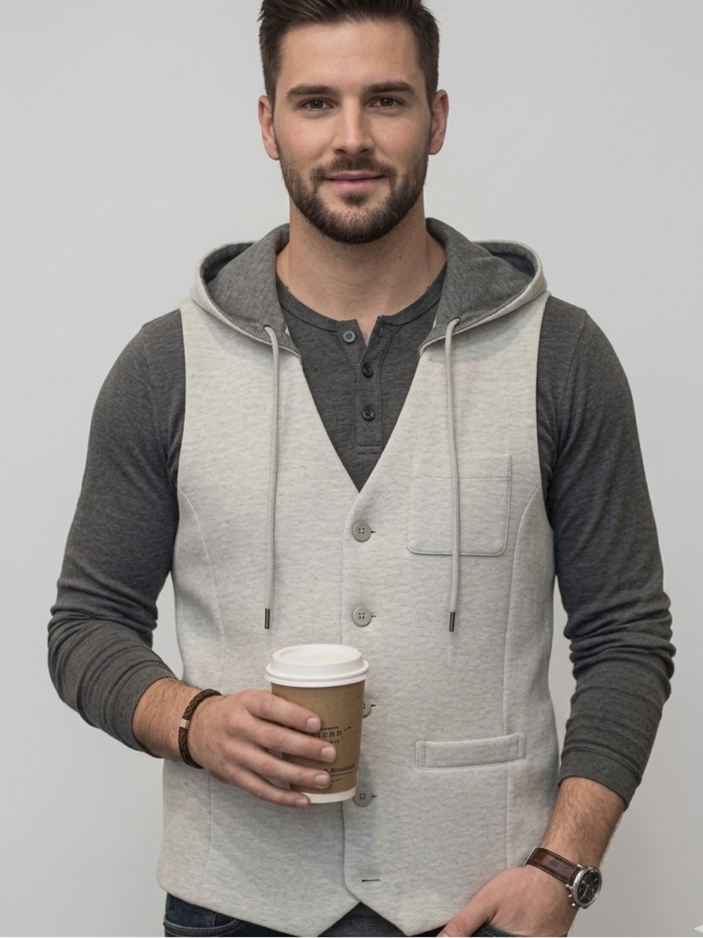 NWT 2/M.E.N
Men Size Large Beige contemporary Hooded Vest
